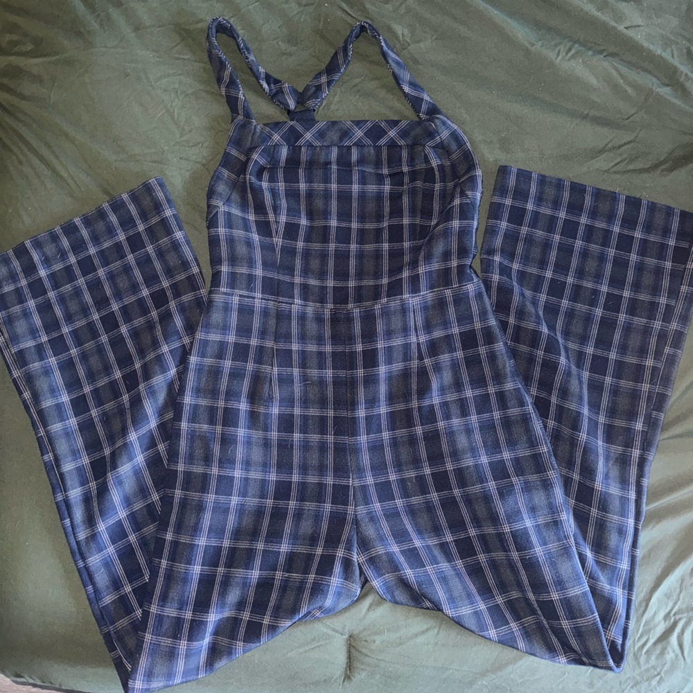 Urban Outfitters Navy Plaid Jumpsuit